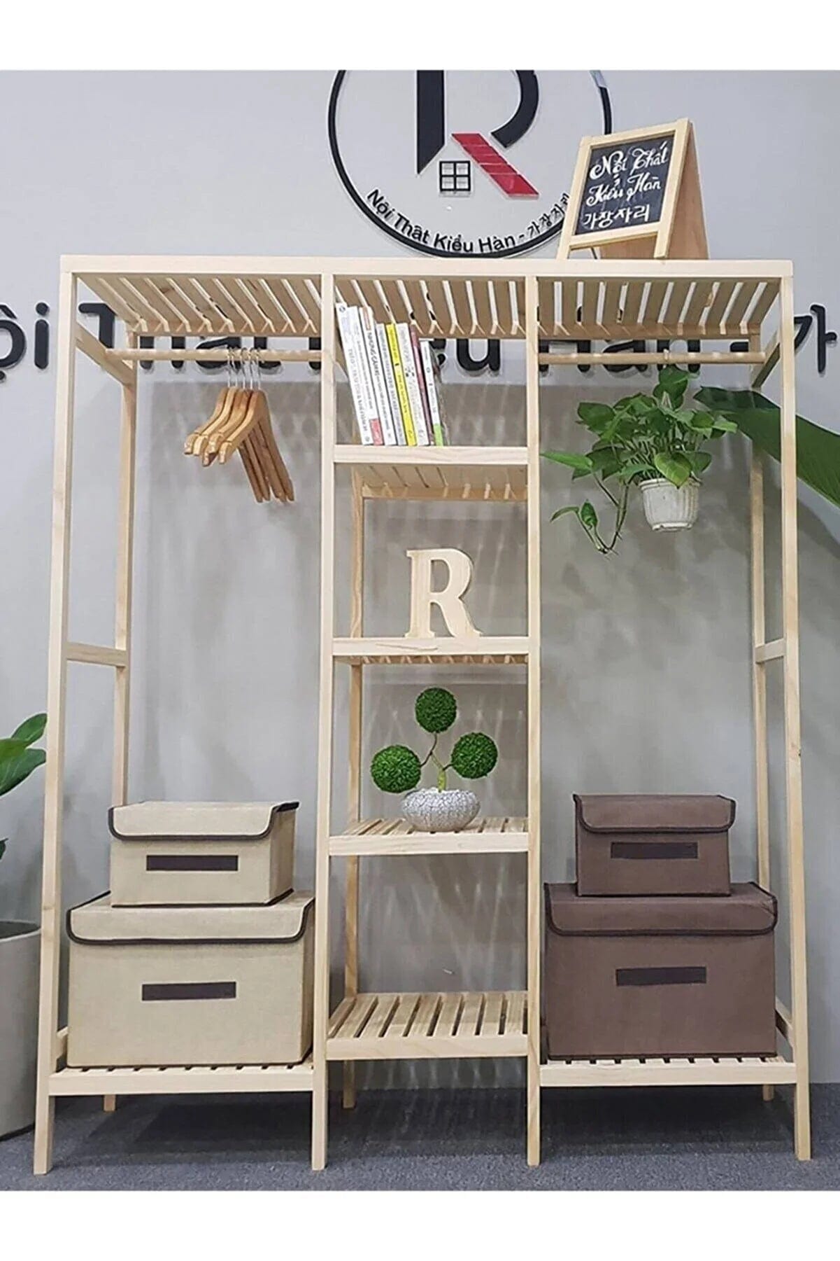 Loolpi Home Askılık Ahşap Elbise Askılığı 4 Raflı Çift Askılık