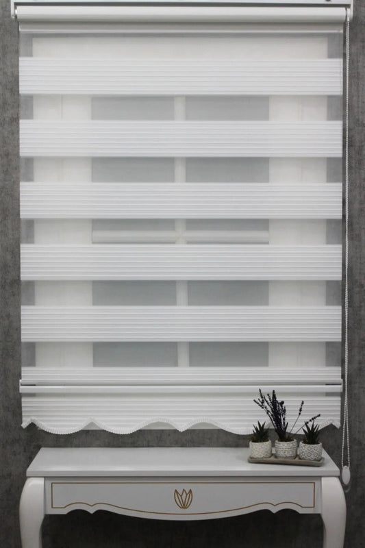 Loolpi Home Beyaz Geniş Pliseli Zebra Stor Perde Etek Dilimli