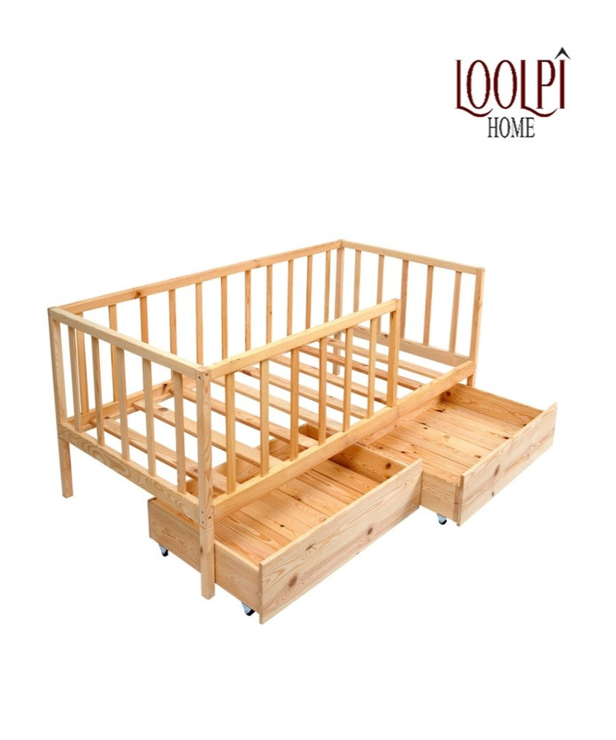 Loolpi Home Bebek Karyolaları ve Küçük Çocuk Yatakları Çekmeceli Montessori Bebek ve Çocuk Karyolası Doğal Ahşap