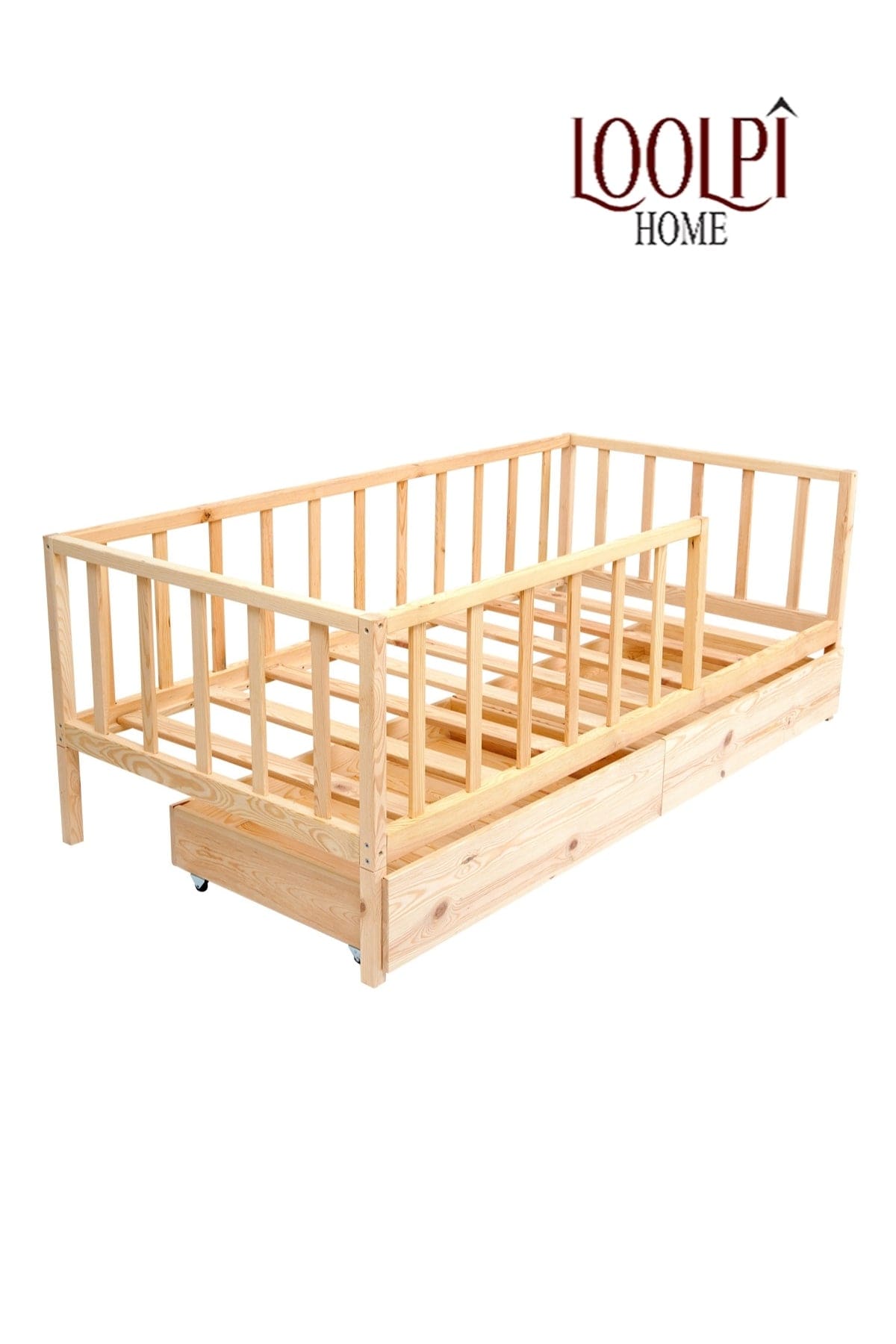 Loolpi Home Bebek Karyolaları ve Küçük Çocuk Yatakları Çekmeceli Montessori Bebek ve Çocuk Karyolası Doğal Ahşap