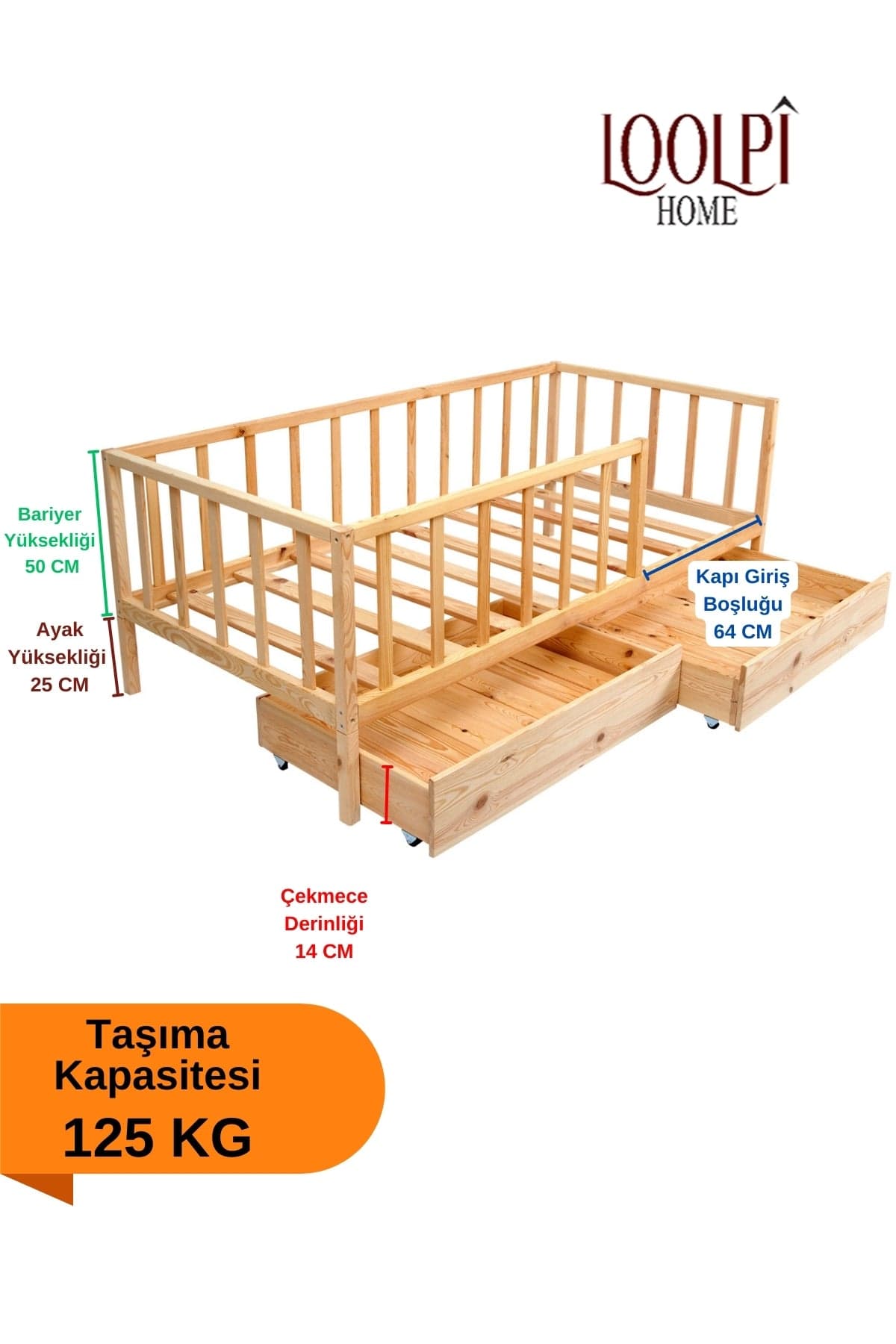 Loolpi Home Bebek Karyolaları ve Küçük Çocuk Yatakları Çekmeceli Montessori Bebek ve Çocuk Karyolası Doğal Ahşap