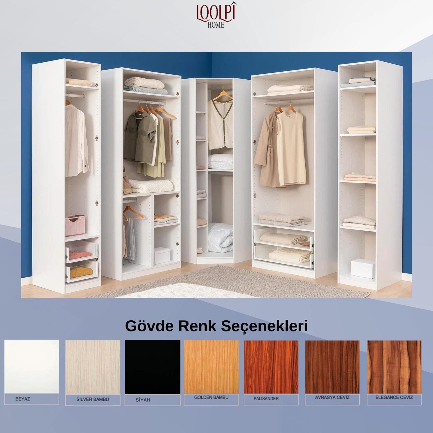 Loolpi Home MDF dolap Köşe Dolap Farklı Renk ve Kapak Seçenekleri