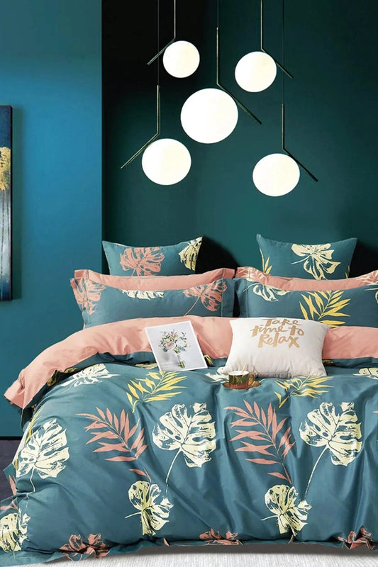 Loolpi Home Lastikli Çarşaflı Nevresim Takımı Çift Kişilik Leaf Petrol