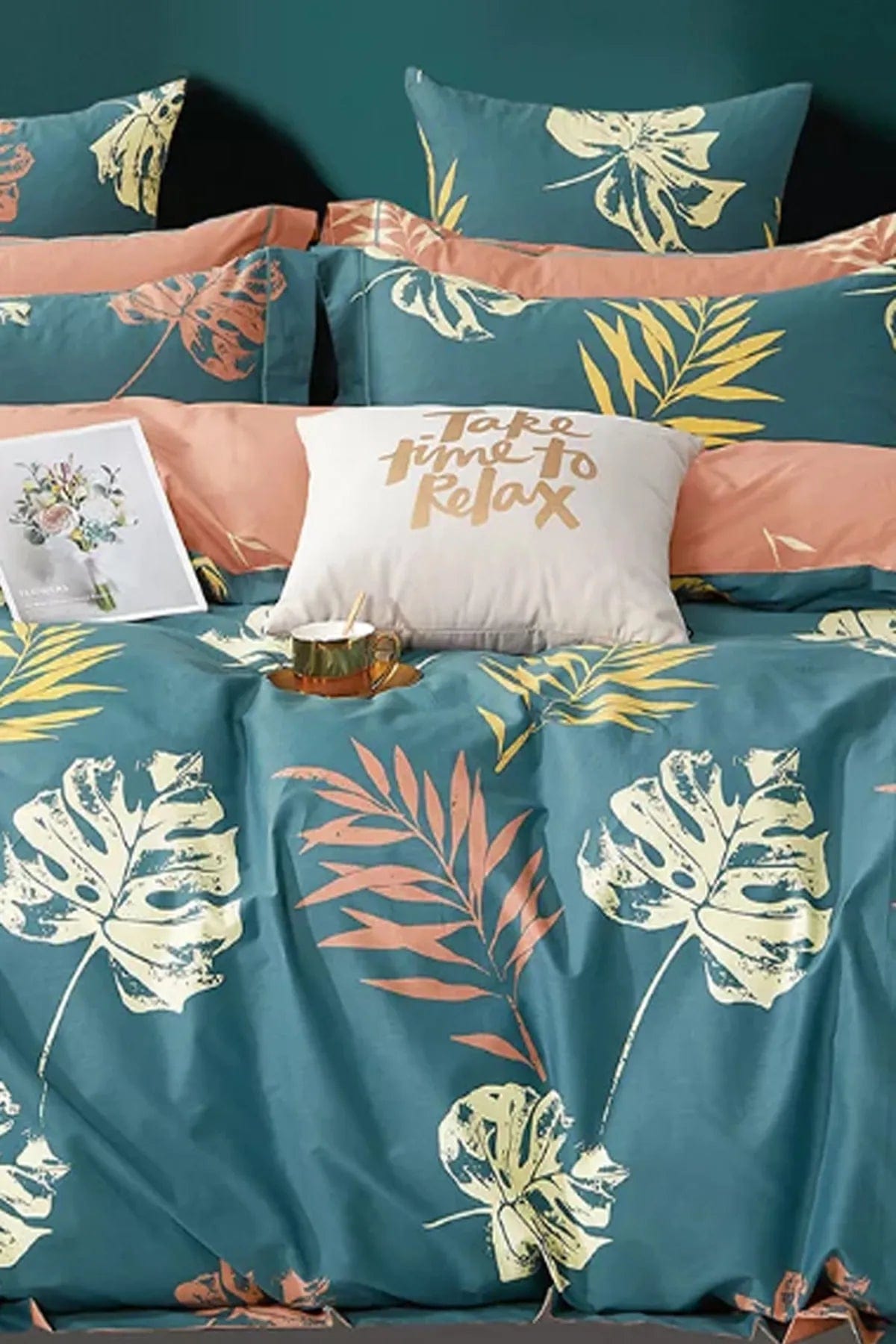 Loolpi Home Lastikli Çarşaflı Nevresim Takımı Çift Kişilik Leaf Petrol