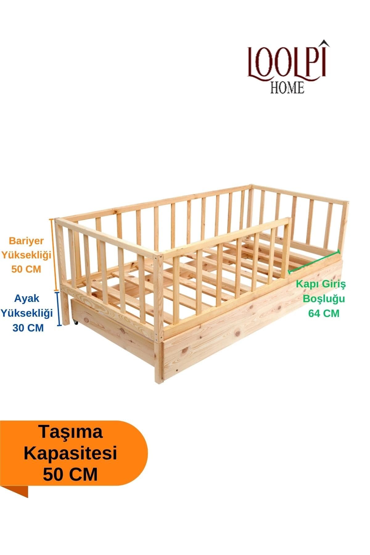 Loolpi Home Montessori Karyola Yavru Yataklı Montessori Bebek ve Çocuk Karyolası Doğal Ahşap