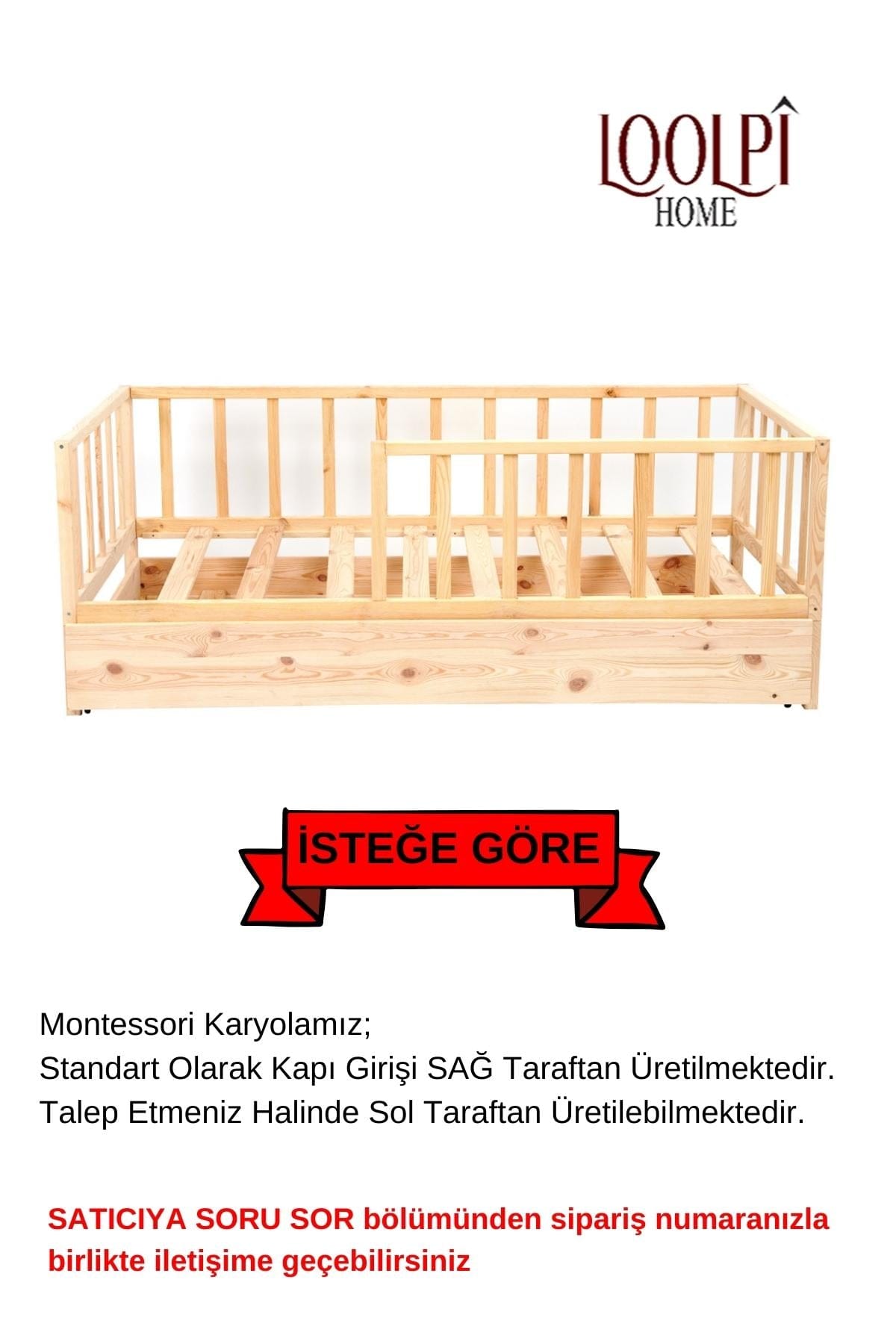 Loolpi Home Montessori Karyola Yavru Yataklı Montessori Bebek ve Çocuk Karyolası Doğal Ahşap