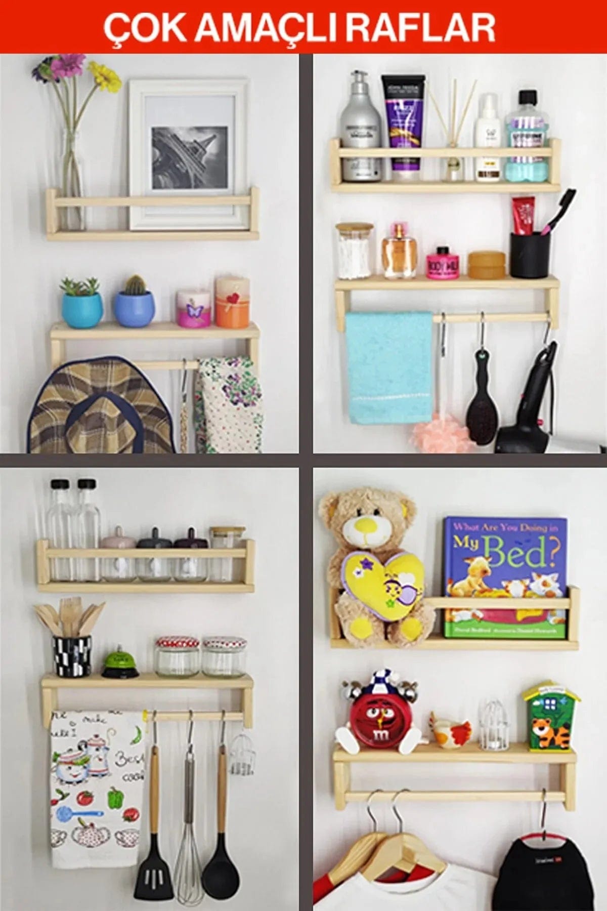 Loolpi Home Duvar Raf ve Çıkıntıları Ahşap Çift Taraflı Duvar Rafı Çok Amaçlı