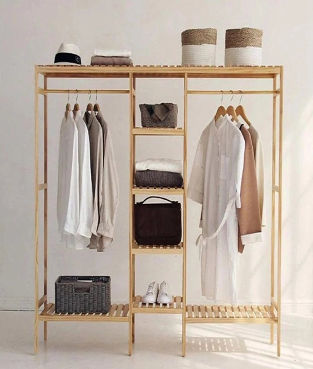 Loolpi Home Askılık Ahşap Elbise Askılığı 4 Raflı Çift Askılık