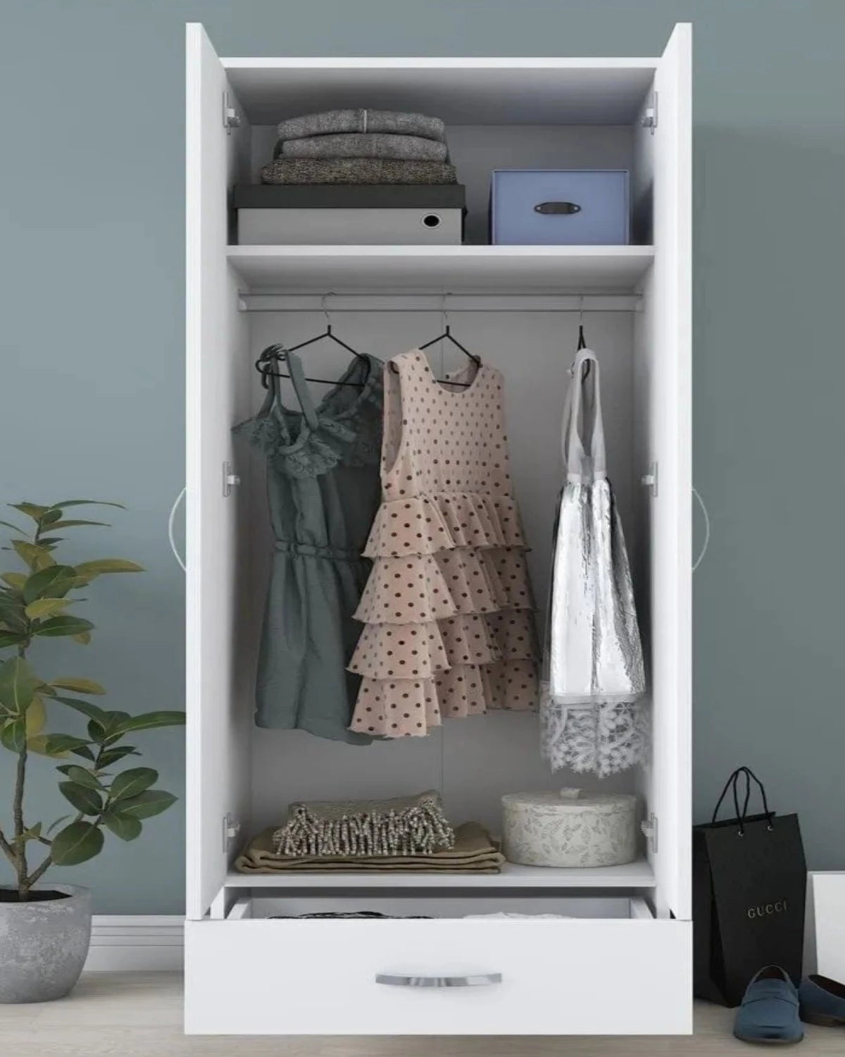 Loolpi Home MDF dolap Çift Kapaklı Tek Çekmeceli Zincir Dolap