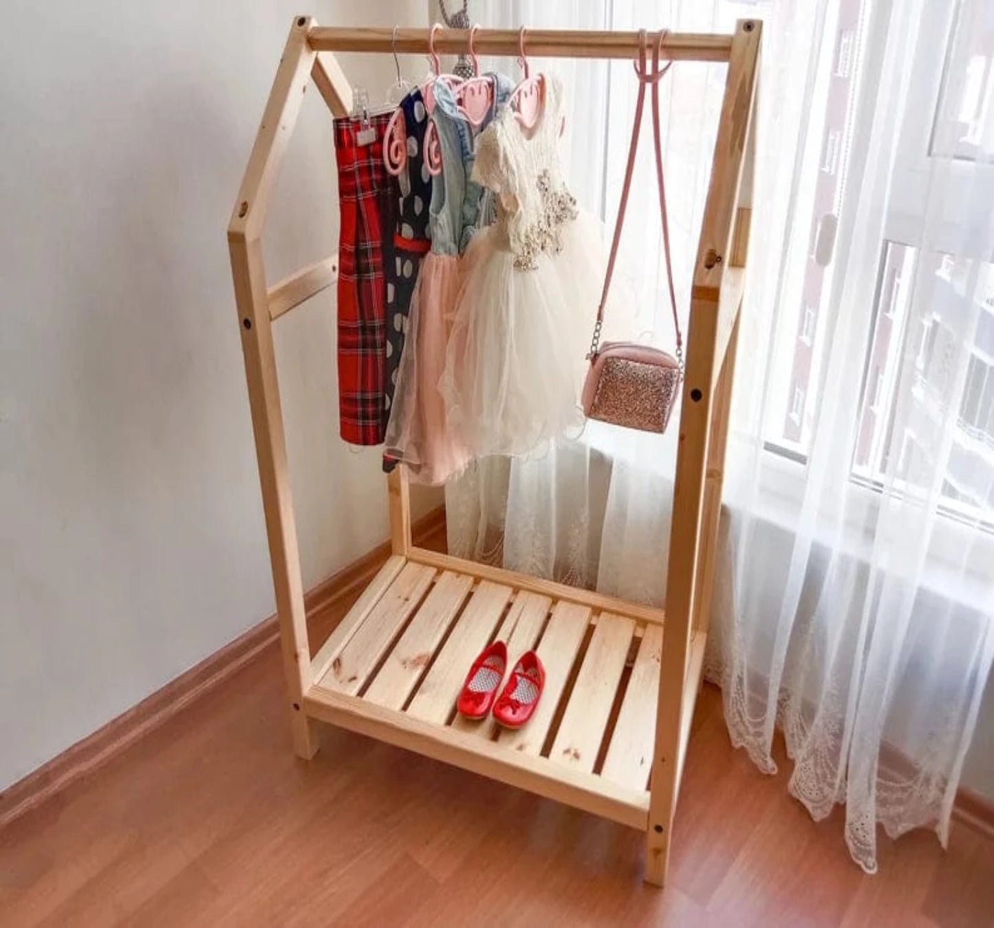 Loolpi Home montessori askılık Montessori Ahşap Elbise Askılığı Tek Raflı