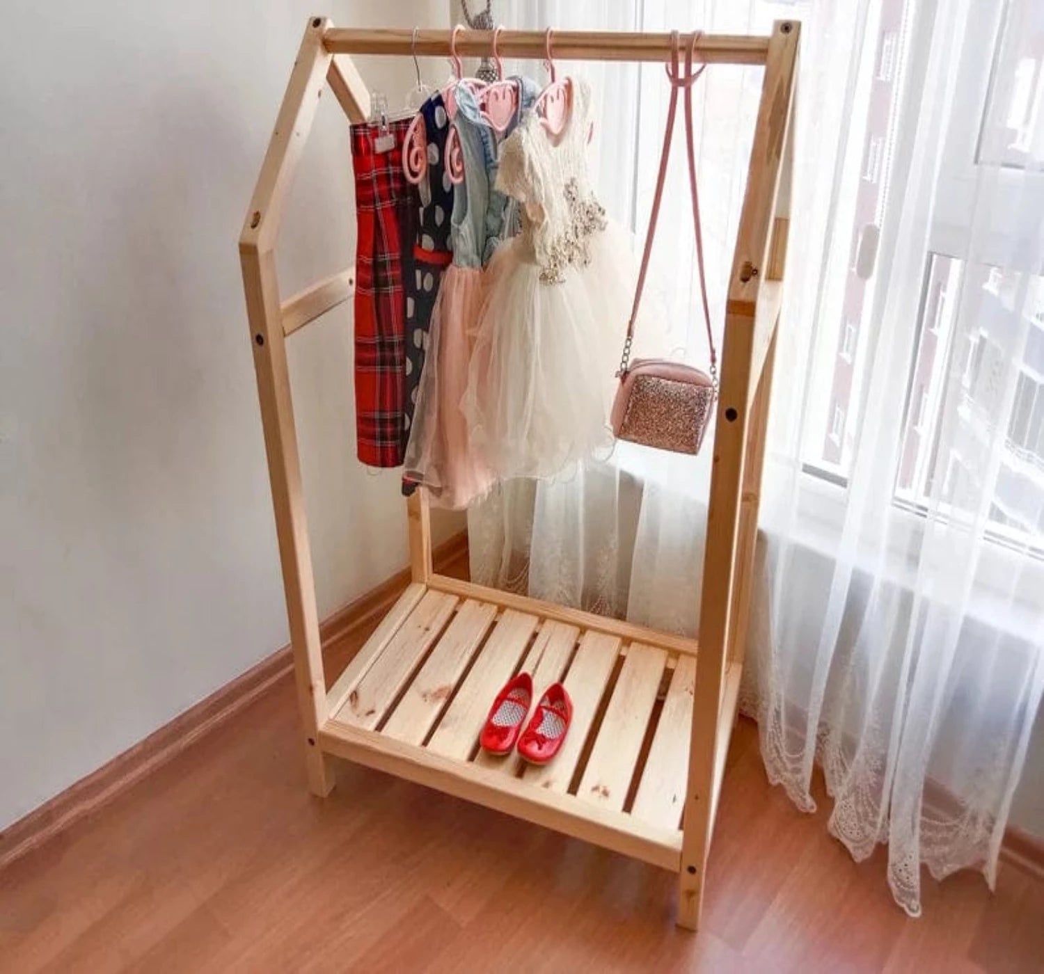 Loolpi Home montessori askılık Montessori Ahşap Elbise Askılığı Tek Raflı