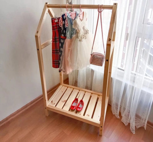Loolpi Home montessori askılık Montessori Ahşap Elbise Askılığı Tek Raflı