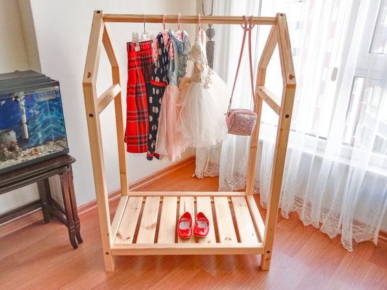 Loolpi Home montessori askılık Montessori Ahşap Elbise Askılığı Tek Raflı