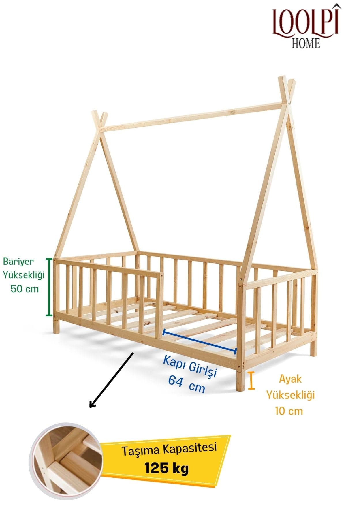 Loolpi Home Montessori Karyola Montessori Bebek ve Çocuk Karyolası Doğal Ahşap Yatak Unisex