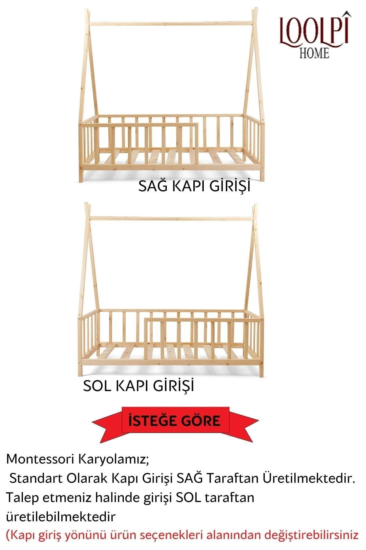 Loolpi Home Montessori Karyola Montessori Bebek ve Çocuk Karyolası Doğal Ahşap Yatak Unisex