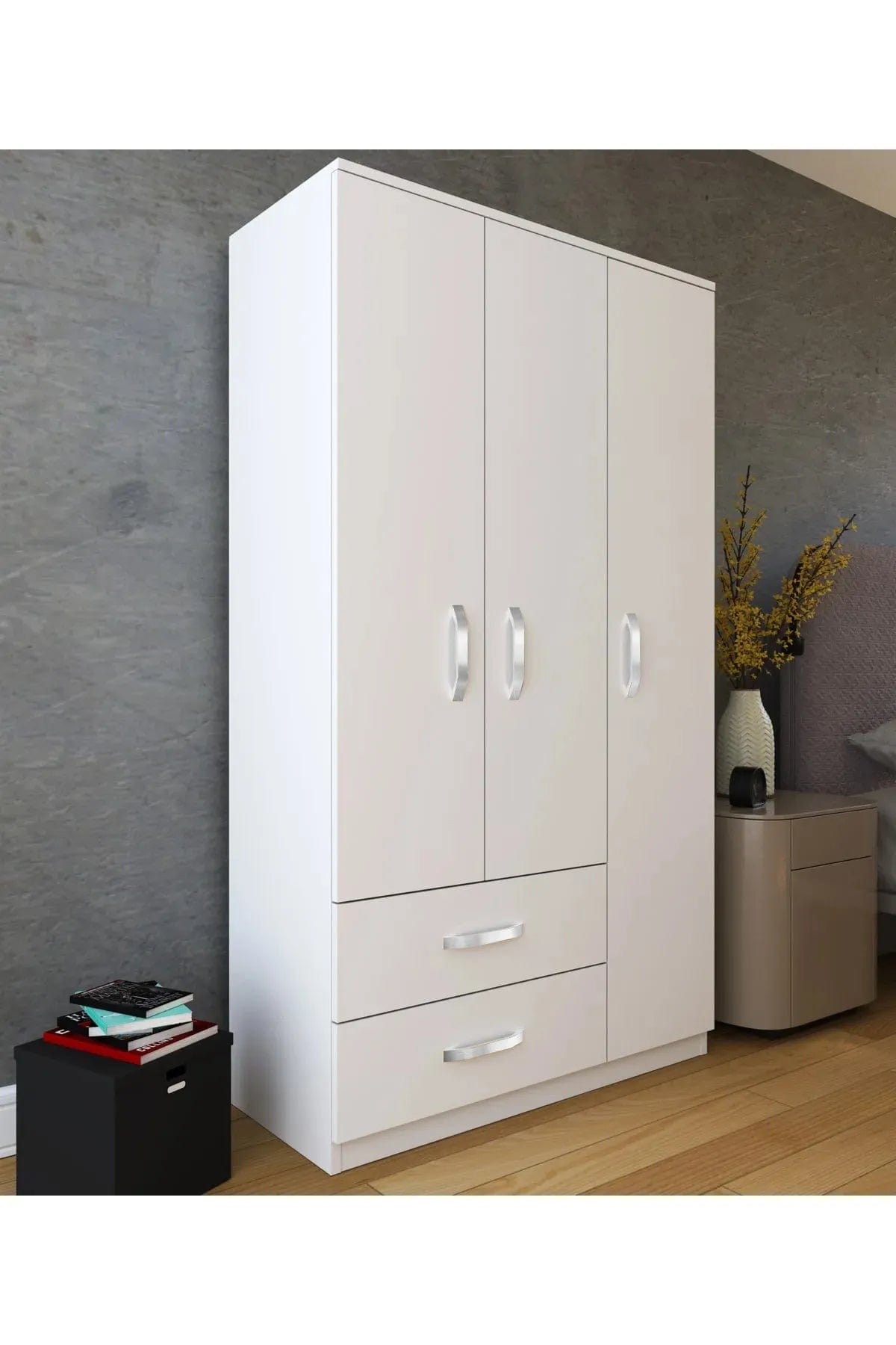 Loolpi Home MDF dolap Üç Kapaklı Çift Çekmeceli Zincir Dolap