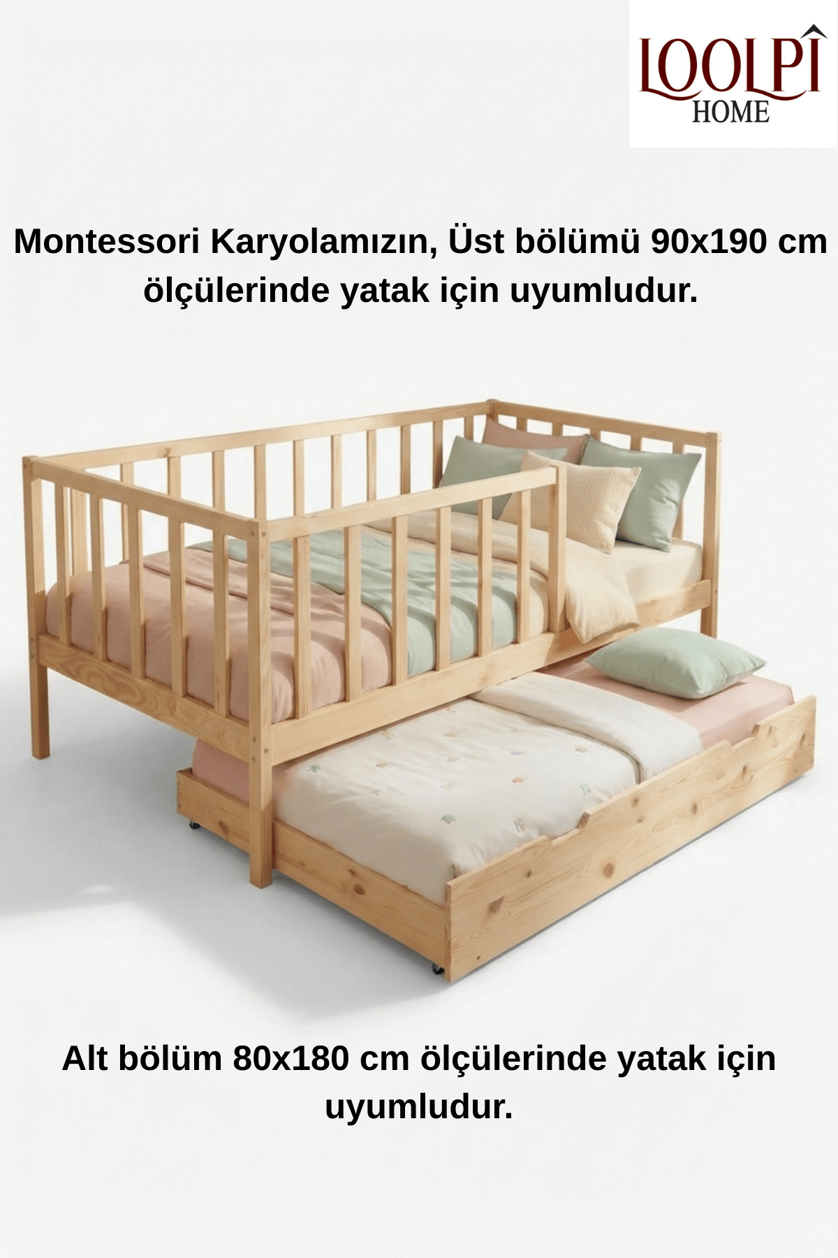 Loolpi Home Montessori Karyola 90 X 190 Atlas Yavru Yataklı Montessori Bebek ve Çocuk Karyolası Doğal Ahşap