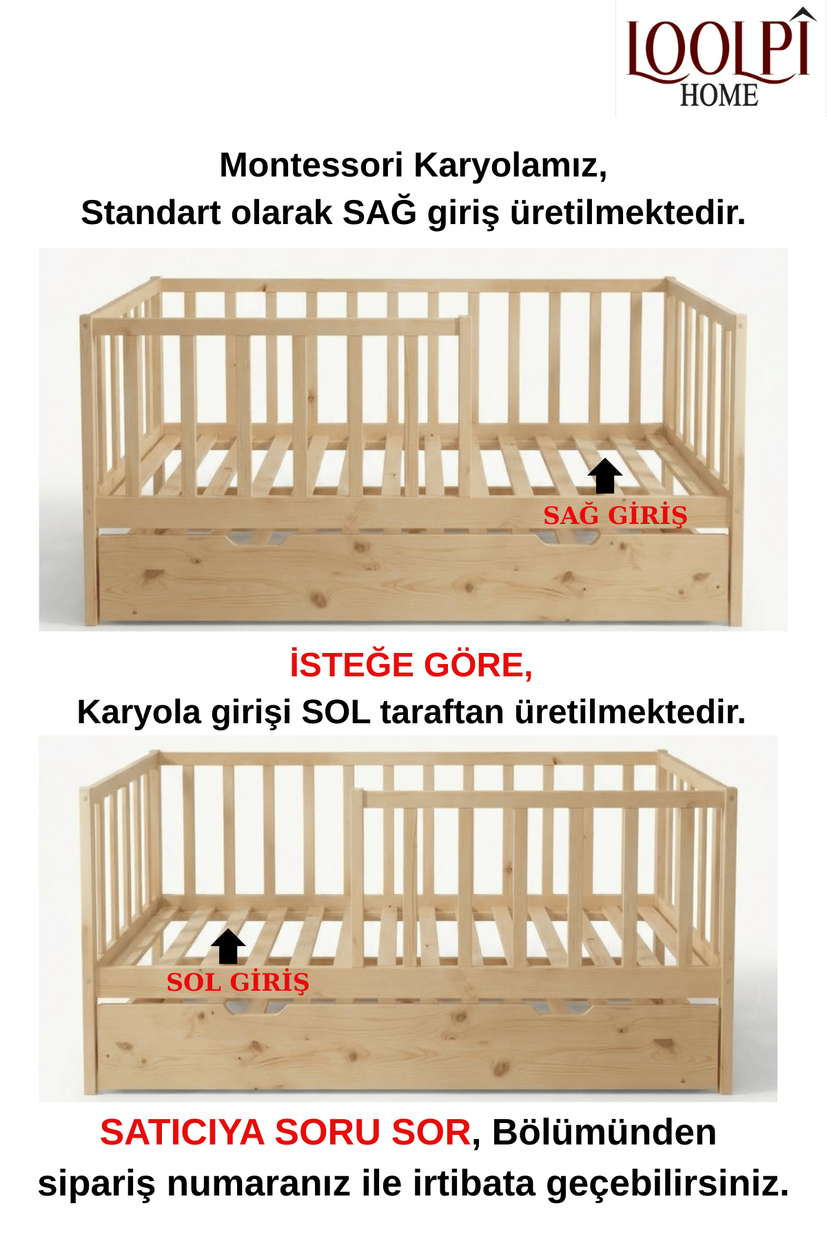 Loolpi Home Montessori Karyola 90 X 190 Atlas Yavru Yataklı Montessori Bebek ve Çocuk Karyolası Doğal Ahşap
