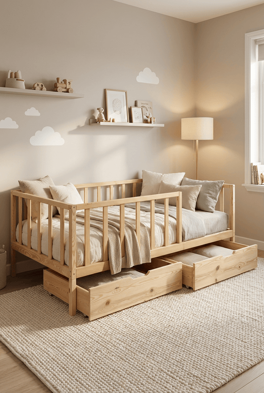 Loolpi Home Bebek Karyolaları ve Küçük Çocuk Yatakları Çekmeceli Montessori Bebek ve Çocuk Karyolası Doğal Ahşap