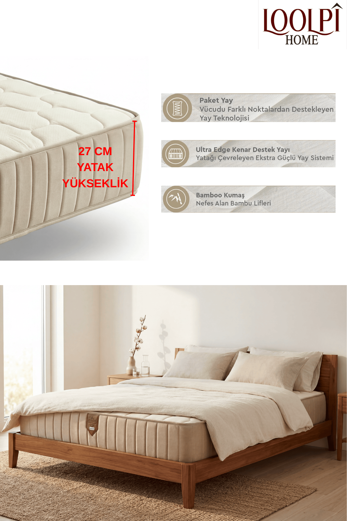 Loolpi Home İç Yatak Gold Ortopedik Yaylı Bamboo Yatak