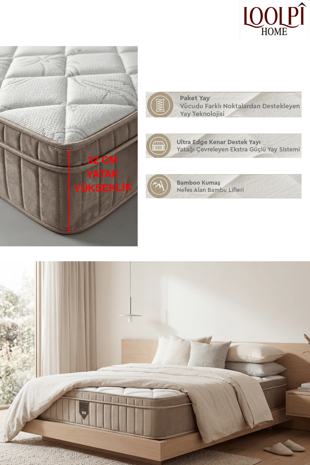 Loolpi Home İç Yatak Latex Ortopedik Yaylı Bamboo Yatak