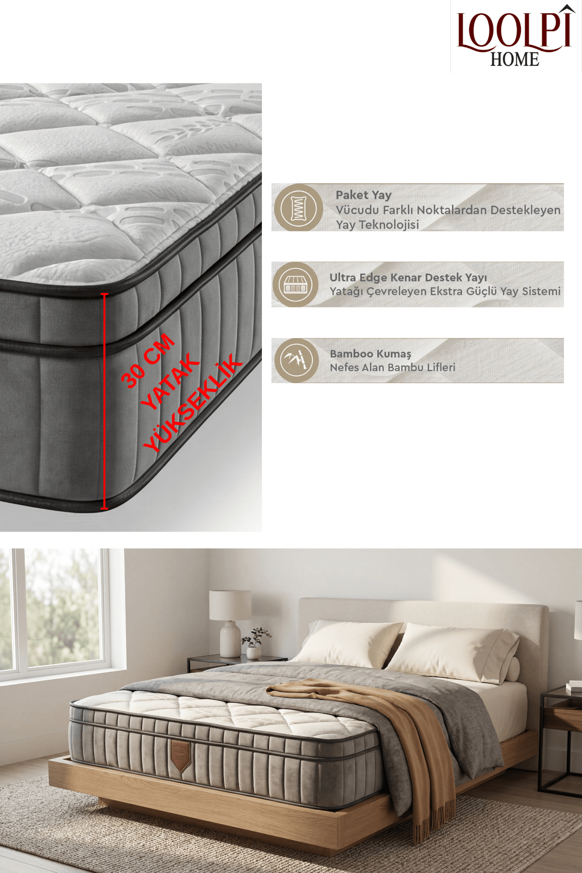 Loolpi Home İç Yatak Silver Ortopedik Yaylı Bamboo Yatak