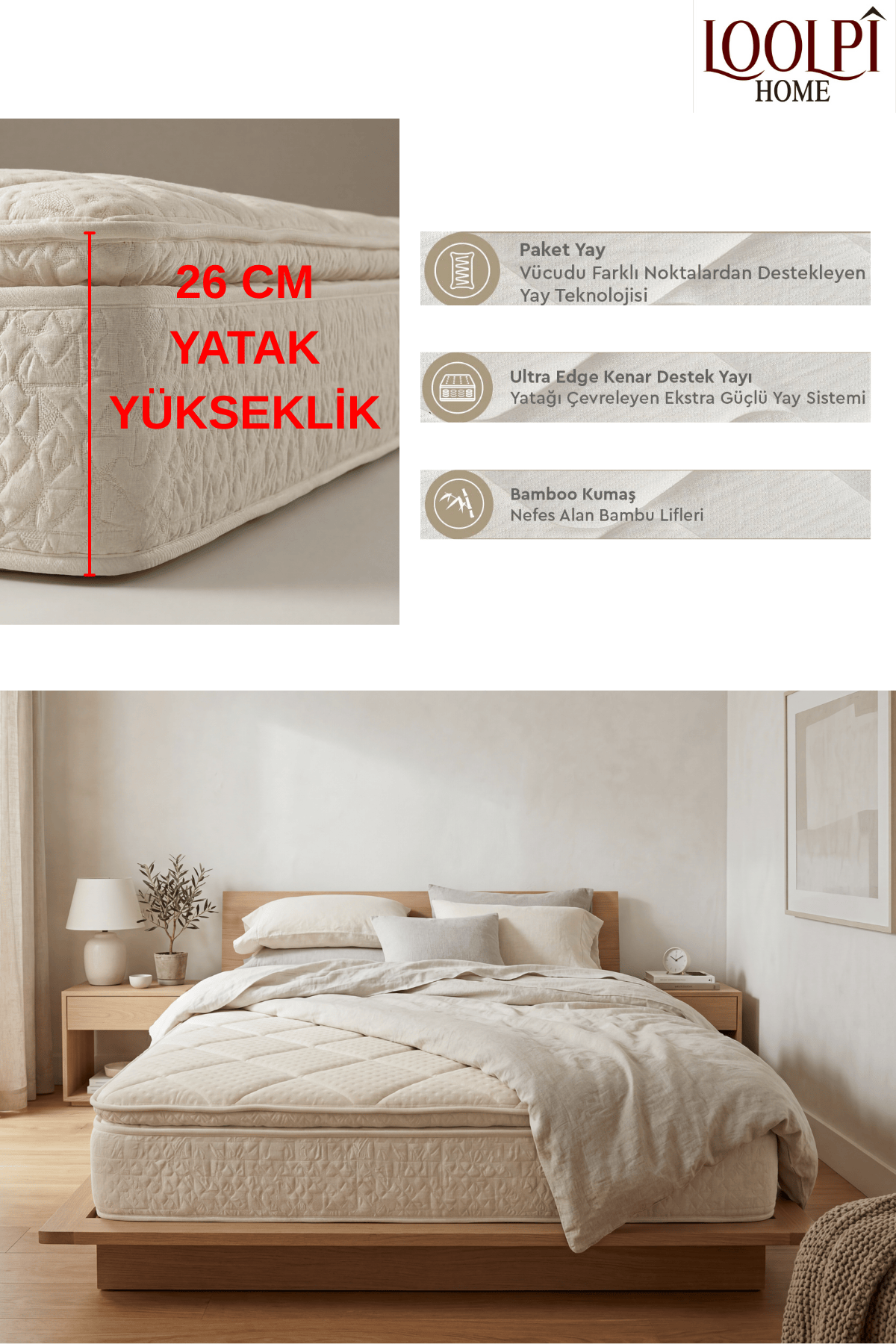 Loolpi Home İç Yatak Tavşan Tüyü Ortopedik Yaylı Pedli Ultra Lüx Yatak