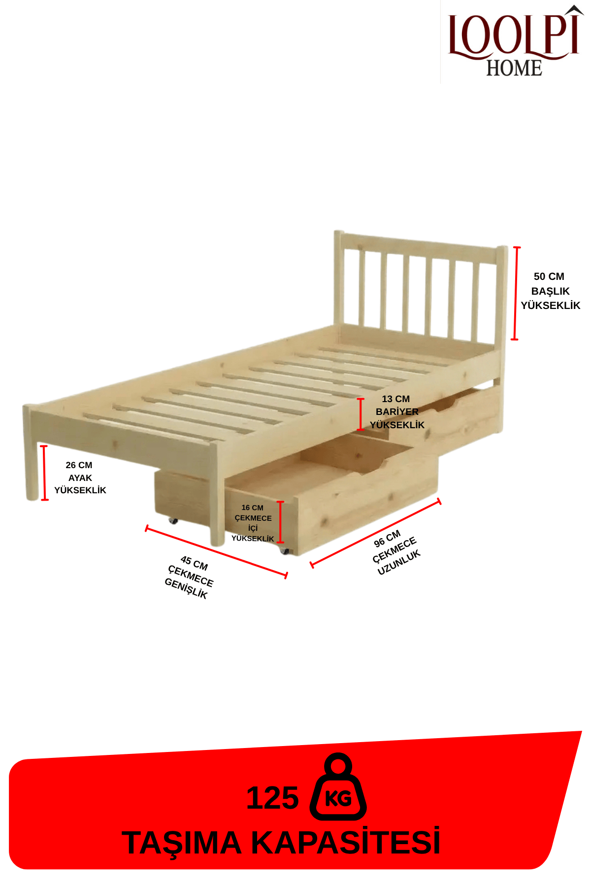 Loolpi Home Oturma Grubu 90 X 190 Tera Plus Masif Karyola Başlıklı Doğal Ahşap 2 Çekmeceli Yatak