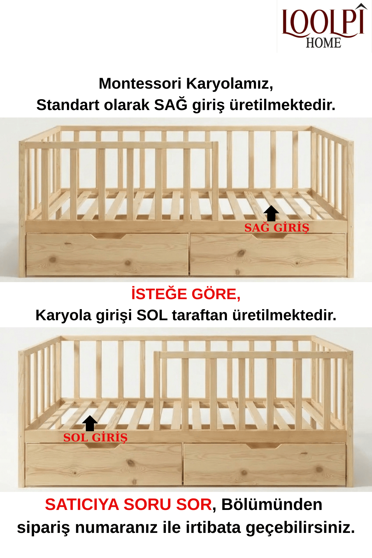 Loolpi Home Bebek Karyolaları ve Küçük Çocuk Yatakları 90 X 190 Vega Çekmeceli Montessori Bebek ve Çocuk Karyolası Doğal Ahşap
