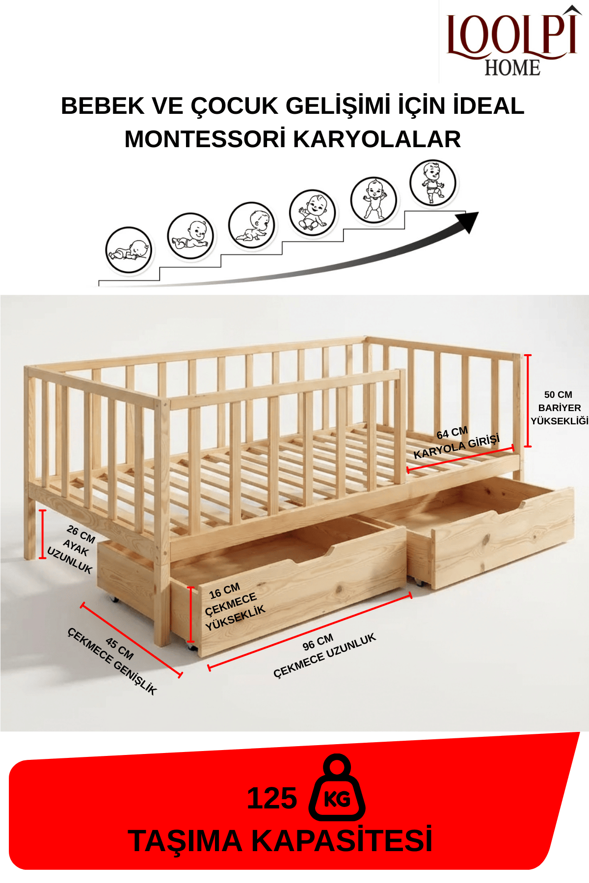 Loolpi Home Bebek Karyolaları ve Küçük Çocuk Yatakları 90 X 190 Vega Çekmeceli Montessori Bebek ve Çocuk Karyolası Doğal Ahşap