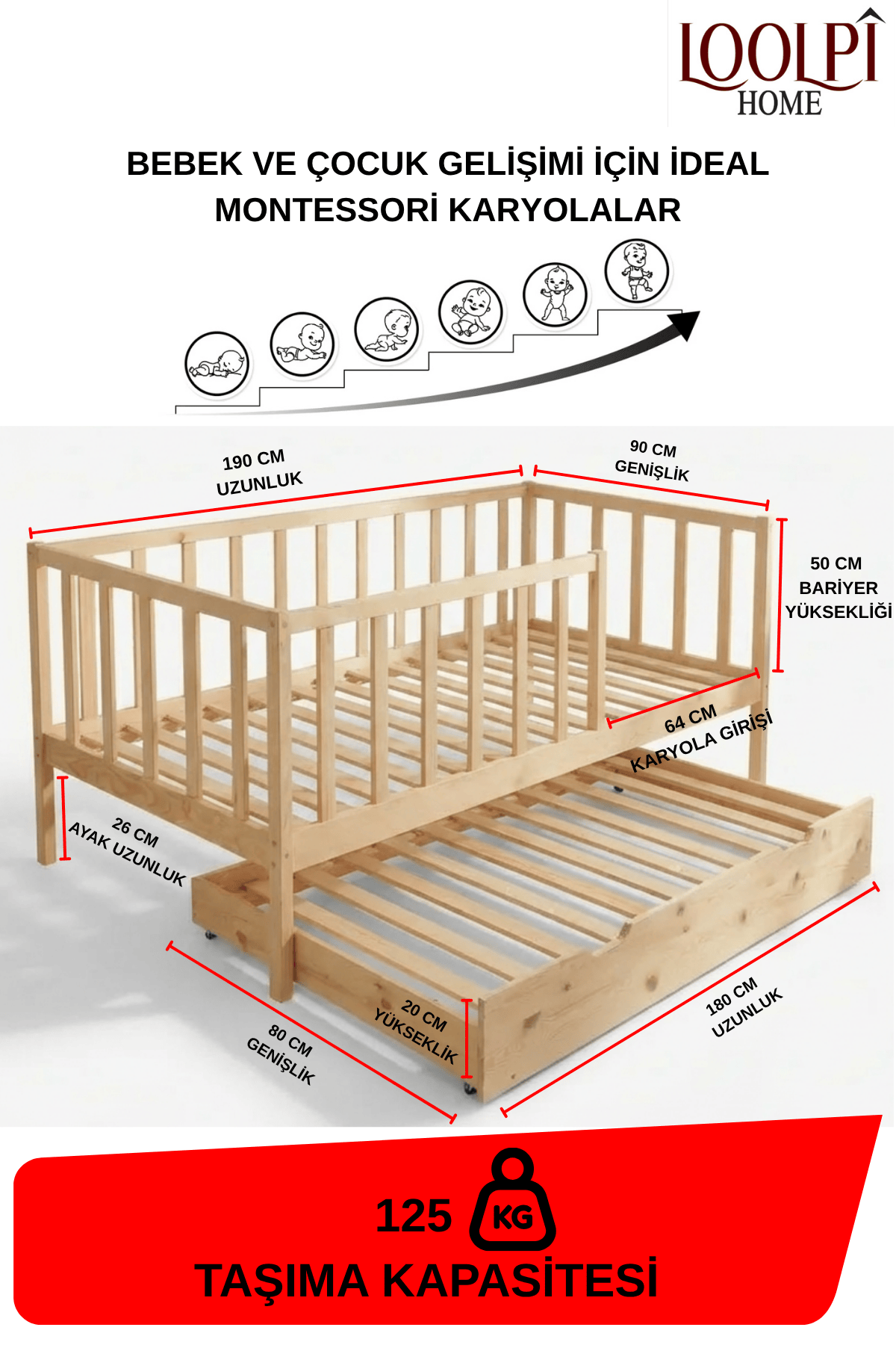 Loolpi Home Bebek Karyolaları ve Küçük Çocuk Yatakları 90 X 190 Vega Çekmeceli Montessori Bebek ve Çocuk Karyolası Doğal Ahşap